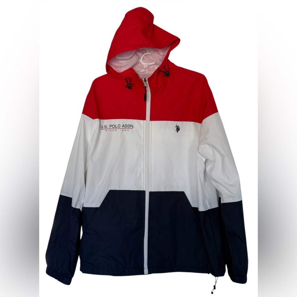 U.S. Polo Assn. Red White Navy Colorblock Hooded Windbreaker SzL